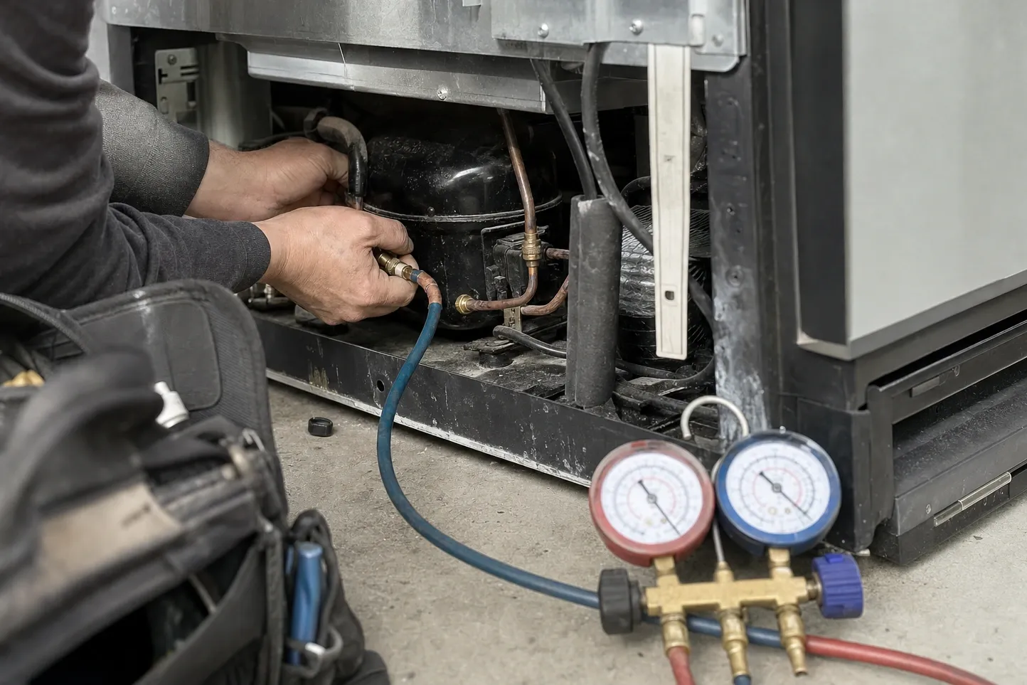Hands fitting a charging hose to a service valve on the compressor under a stainless unit, manifold gauges on the floor beside a tool bag